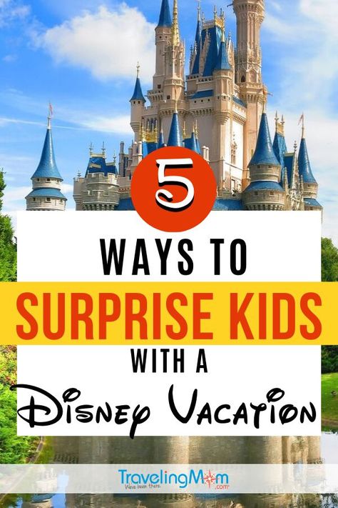 Looking for fun ways to reveal a Disney vacation? Here are 5 ideas to surprise kids with a Disney trip with tips for timing, gift giving and even dealing with disappointment. #TMOM #Disney #DisneyTips #Surprise | TravelingMom | Disney World Surprise Your Going To Disney World, Disney Surprise Box Ideas Diy, Disney Christmas Present Ideas, Disneyland Trip Surprise Ideas, Disneyland Paris Surprise Ideas, Disney World Christmas Gift Ideas, Disney Vacation Surprise Reveal, You’re Going To Disney Surprise, Surprise Disney Trip Ideas