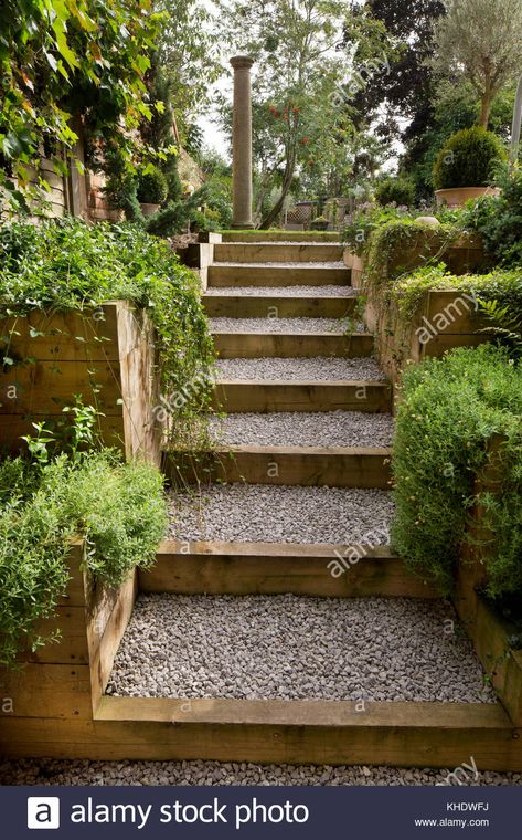 Download this stock image: Gravel and wooden path leading up steps to garden on higher level,English Garden,England - KHDWFJ from Alamy's library of millions of high resolution stock photos, illustrations and vectors. Sloped Backyard Landscaping, Landscape Stairs, Wooden Path, Sloped Backyard, Stone Steps, Tiered Garden, Garden Stairs, Sloped Garden, Gravel Garden