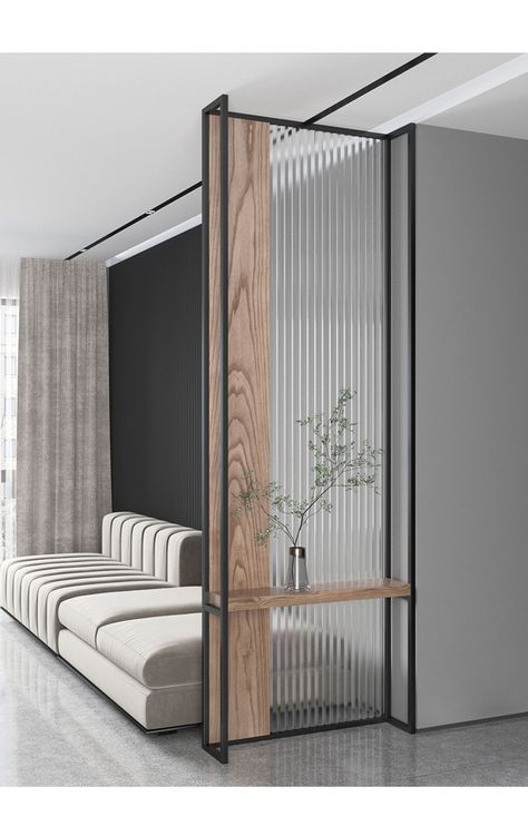 Modern Partition, Modern Partition Walls, Room Partition Wall, Wall Partition Design, Living Room Divider, Storage Hallway, Divider Design, Entrance Interior, Living Room Partition