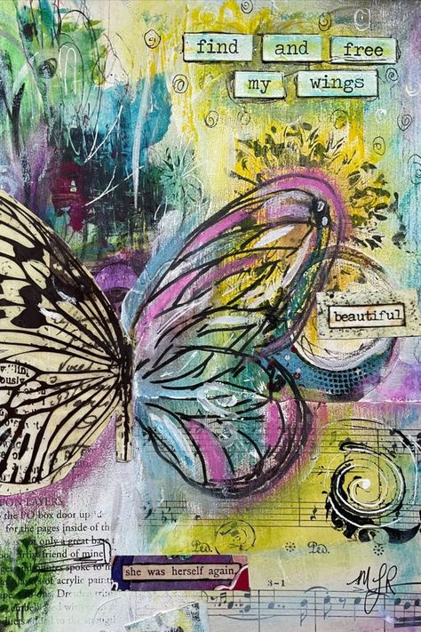 Mixed media collage print available for sale on my Society6 shop. Features a colorful butterfly in pinks, blues, and yellow agains a background of book pages and sheet music. Caption "find and free my wings" in upper right hand corner. Whimsical pen markings and stenciling included. Wings Card, Butterfly Insect, Moths And Butterflies, Butterflies Art, Colorful Butterfly, Stationary Cards, Print Collage, Stenciling, Blank White