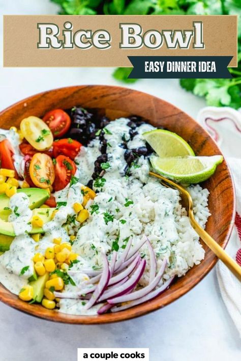 This easy rice bowl comes together in a flash! This fast dinner stars black beans and veggies with zingy cilantro lime ranch sauce. #ricebowl #rice #bowl #burritobowl #blackbeans #bowlmeal #fastdinner #easydinner Rice Bowls Vegetarian, Cilantro Lime Ranch, Vegan Brunch Recipes, Ranch Sauce, Winter Salad Recipes, Salad Dressing Recipes Healthy, Fast Dinner, Easy Rice, Rice Bowls Recipes