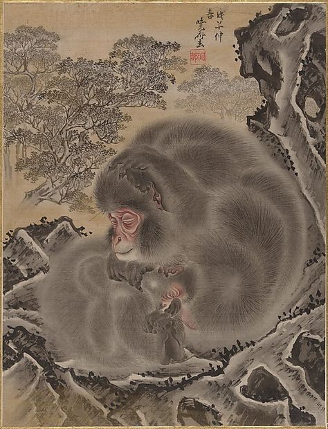 Monkeys  Kawanabe Kyôsai  (Japanese, 1831–1889)  Period: Meiji period (1868–1912) Date: 19th century Culture: Japan Medium: Album leaf; ink and color on silk Dimensions: 14 1/4 x 10 7/8 in. (36.2 x 27.6 cm) Classification: Painting Kawanabe Kyosai, Japanese Monkey, Monkey Wall Art, Sculpture Textile, Monkey Wall, Crow Art, Monkey Art, Meiji Period, Japanese Painting