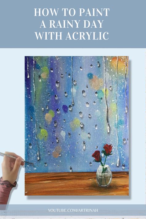 Rainy day / rain drops on window painting tutorial with acrylic for beginners How To Paint Rain Drops Acrylic, Painting Rain Drops, Window Painting Tutorial, Acrylic Painting Rain, Rainy Window Painting, Acrylic For Beginners, 4x4 Painting, Rain Drops On Window, Rainy Day Painting