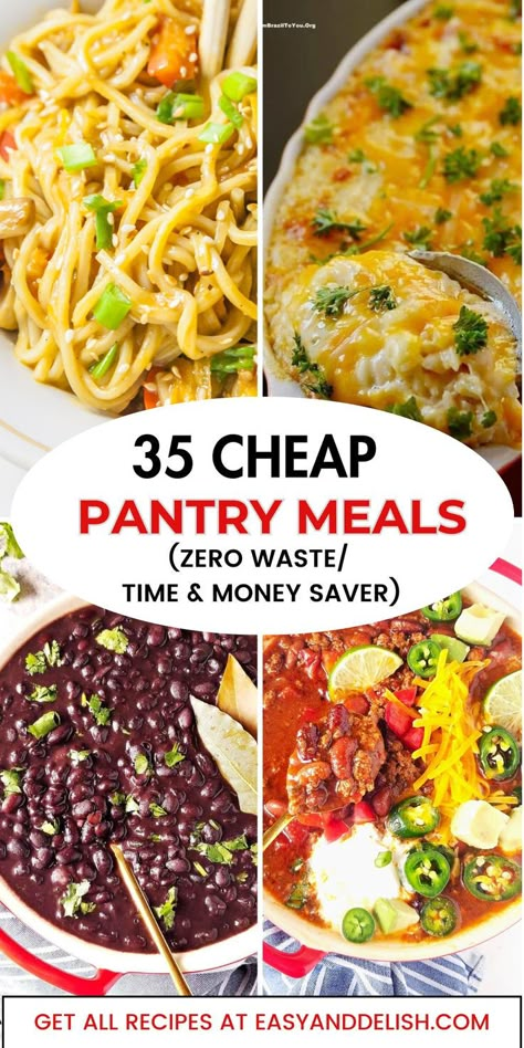 Collage showing 4 out of 35 cheap pantry meals. Pantry Clean Out Meals, Meals From The Pantry, Dinner From Pantry Items, Pantry Recipes Clean Out The, Cheap Homemade Meals, Healthy Shelf Stable Meals, Cheap Pantry Meals, No Kitchen Meals, Canned Goods Recipes