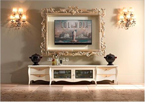 Tips on how to decorate around TV. Frame around tv. Frame Around Tv, Decor Around Tv, Decoration Shabby, Dekor Diy, Tv Decor, Ornate Frame, A Living Room, Formal Living Rooms, A Tv