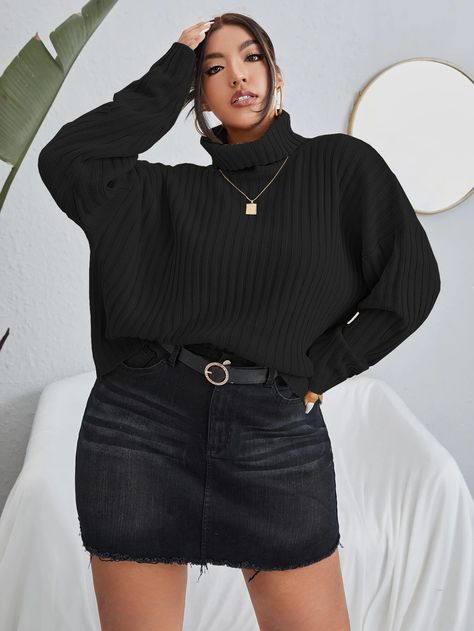 Black Casual Collar Long Sleeve Fabric Plain Pullovers Embellished Slight Stretch Fall/Winter Women Plus Clothing Plus Size Herbst, Outfit Nero, Winter Mode Outfits, Plus Size Winter Outfits, Comfy Jumpsuits, Plus Size Fall Outfit, Plus Size Fall Fashion, Plus Size Pullover, Plus Size Fall