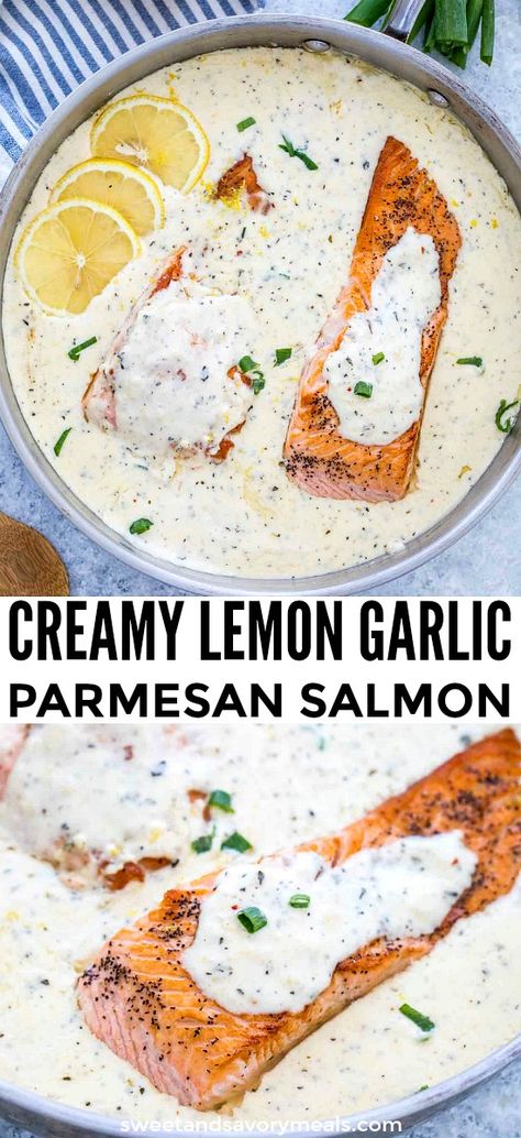 Lemon Meals, Creamy Lemon Salmon, Meals Salmon, Perfect Salmon, Parmesan Salmon, Lemon Garlic Salmon, Lemon Garlic Sauce, Pescetarian Recipes, Sweet Video