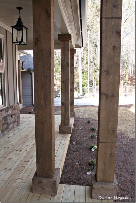 rustic columns                                                                                                                                                     More Farmhouse Front Porch Decorating Ideas, Rustic Farmhouse Front Porches, Rustic Porch Ideas, Farmhouse Front Porch Decorating, Front Porch Posts, Front Porch Decorating Ideas, Front Porch Columns, Railing Designs, Cabin Porch