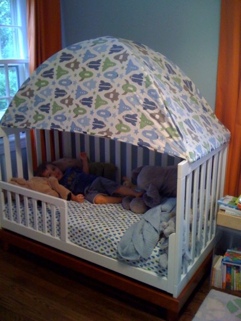 http://dropdeadcute.typepad.com/drop_dead_cute/2010/07/toddler-bed-tent.html Toddler Bed Tent, Toddler Canopy Bed, Crib Tent, Toddler Loft Beds, Diy Toddler Bed, Old Cribs, Cute Camping, Ideas Habitaciones, Diy Crib