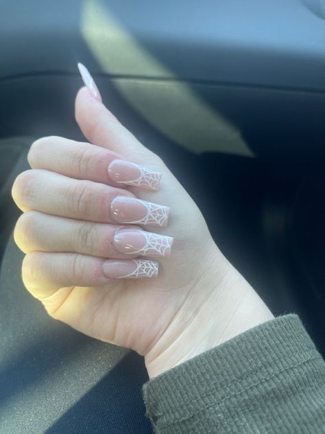 Drawn Sparkle Nails, Holoween Idea Nails, Spiderweb Tip Nails, Spiderweb Nails French Tip, Cobweb French Tip Nails, Halloween Nails Spider Web French Tip, Spider Wed Nail Design, Simple Spiderweb Nails, White Spiderweb Nails