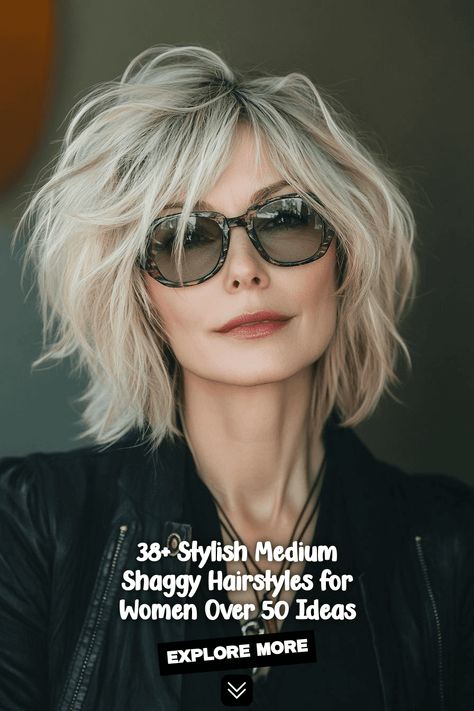 medium shag haircuts, women over 50, flattering hairstyles Trendy Ways To Style Medium Length Hair, Long Choppy Bob Hairstyles Messy Lob, Edgy Mid Length Haircuts, Mid Length Hair With Choppy Layers, Shag Bob Curly Haircut, Choppy Textured Short Hair, Mid Length Edgy Hair, Med Shaggy Haircuts, Choppy Bob With Side Swept Bangs