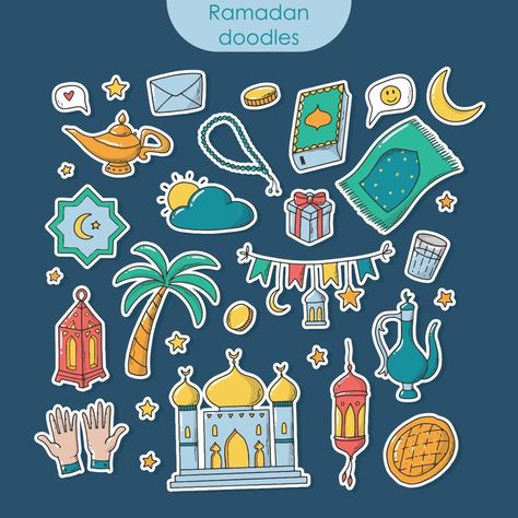 Set of hand drawn Ramadan pre made stickers with white edge. Good for planners, scrapbooking, stationary, cards, prints, clipart, etc. EPS 10 Amplop Thr, Hampers Ramadhan, Ramadan Stickers, Ramadan Clipart, Poster Ramadhan, Gerobak Dorong, Diy Cake Topper Birthday, Ramadan Cards, Eid Card Designs