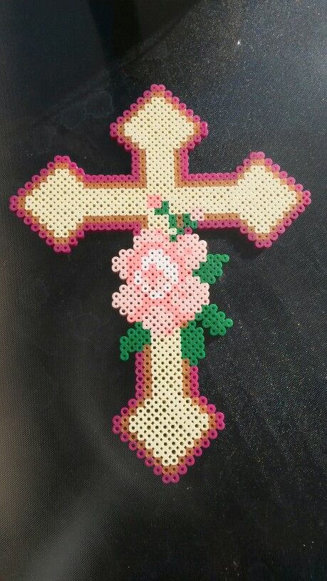 Cross and rose Cross Perler Bead Pattern, Perler Beads Cross, Cross Perler Beads, Easy Perler Bead Patterns, Melty Bead Patterns, Pearl Beads Pattern, Perler Ideas, Easy Perler Beads Ideas, Perler Art