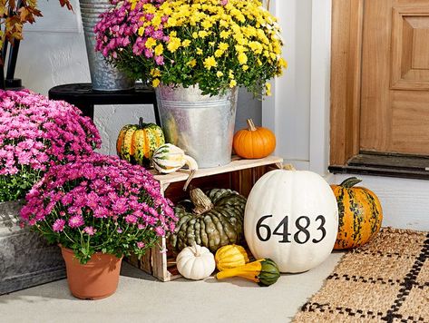 43 Pretty Fall Front Entry Ideas You Can Keep Up All Season Long Entry Ideas, Pumpkin Display, Pumpkin Topiary, Farmhouse Halloween, Fall Planters, Autumn Display, Fall Front Door, Diy Fall Wreath, Pumpkin Halloween Decorations