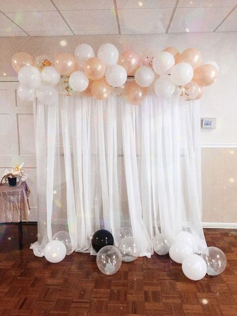 Balloon And Drape Backdrop, Krizma Decor, Light Backdrop Wedding, Silver Anniversary Decorations, Fairy Light Backdrops, 25th Wedding Anniversary Party, Backdrop For Wedding, Birthday Decorations At Home, Baby Shower Theme Decorations