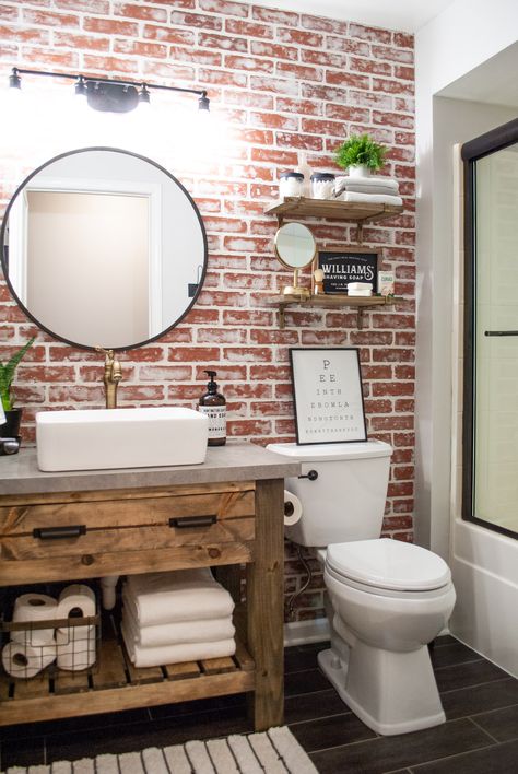 DIY Faux Brick Wall | Sammy On State Baie Vintage, Diy Faux Brick Wall, Brick Bathroom, Faux Brick Wall, Bathrooms Design, Faux Brick Walls, A Brick Wall, Bad Inspiration, Decor Baie