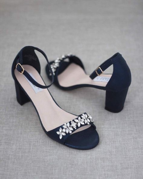 NAVY Shimmer Low Block Heel Sandals with Embellished Rhinestones  #shopkaileep #womensandals #weddingsandals #weddingheels Black Low Heel Sandals, Wedding Bridesmaid Shoes, Wedding Shoes Block Heel, Dream Heels, Bridal Flat Sandals, Block Heels Wedding, Navy Blue Wedding Shoes, Sparkly Wedding Shoes, Navy Wedding Shoes