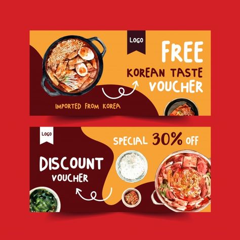 Korean food voucher design with ramyeon,... | Premium Vector #Freepik #vector #banner #food #template #discount Food Vouchers, Food Logo Design Inspiration, Food Discount, Voucher Design, Food Template, Graphic Design Infographic, Food Banner, Photoshop Tutorial Design, Vector Banner