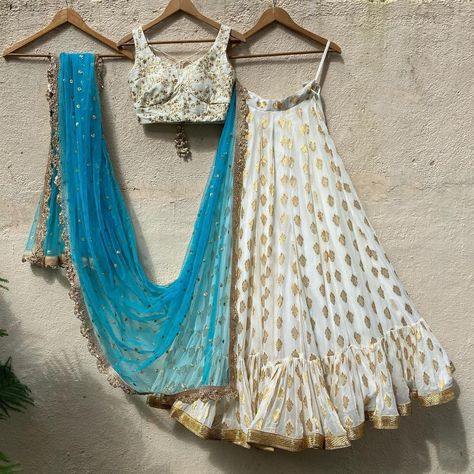 Trending Lengha, Indian Skirt And Top, Sky Blue Dupatta, Ruffle Lehenga, Ivory White Color, Blue Dupatta, Indian Wedding Lehenga, Indian Skirt, Indian Dresses Traditional