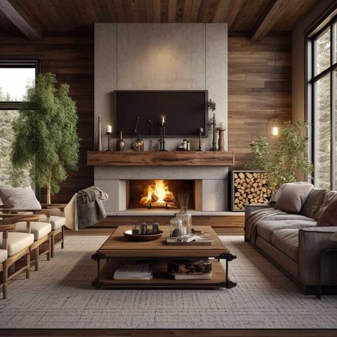 How to Balance TV and Fireplace in Your Living Room Decor • 333+ Art Images Modern Fireplace With Wood Storage, Contemporary Fireplace Tv Wall, Modern Mountain Home Interior Fireplaces, Modern Rustic Tv Wall, Modern Great Room Fireplace, Mountain Modern Fireplace Ideas, Modern Rustic Fireplace Ideas, Minimalist Fireplace Ideas, Modern Boho Fireplace