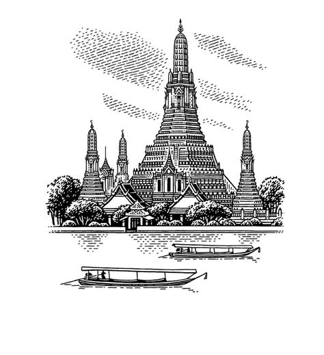 Bangkok - Cities for YotaPhone 2 on Behance Hindu Temple Art Drawing, Banaras Drawings, Myanmar Building Sketch, Thai Temple Drawing, Khmer House Sketch, Thai Art, Baroque Art, Architecture Drawing Art, Architecture Tattoo