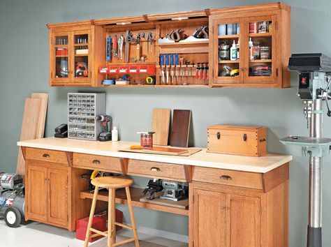 Modular one wall workshop bench Woodsmith Plans, Work Shop Building, Garage Workshop Plans, Plywood Projects, Cabinet Plans, Woodworking Project Plans, Shop Cabinets, Tool Cabinet, Shop Storage