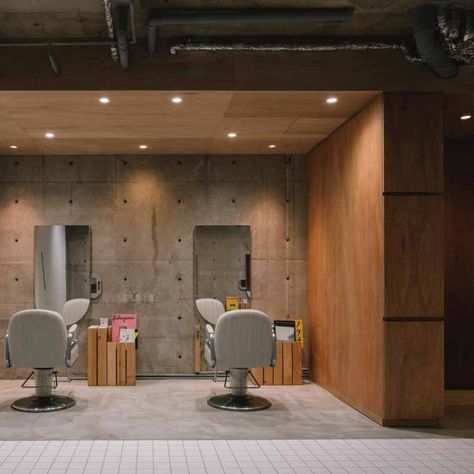 fathom clads japanese hair salon in façade of galvanized iron folding screens Japanese Hair Salon, Folding Screens, Salon Hair Color, Barber Shop Decor, Japanese Hair, Gray Hair Cuts, Galvanized Iron, Fluorescent Lamp, Japanese Hairstyle