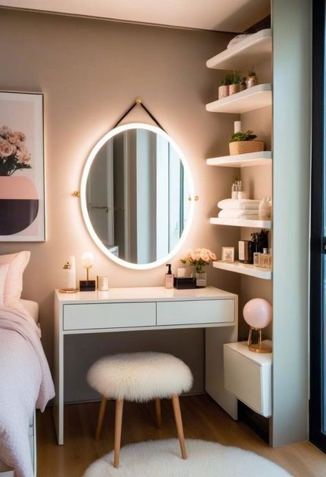 Makeup Area In Bedroom, Room Decor For Women, Small Bedroom Decor Ideas For Women, Bedroom Decor Ideas For Women, Bedroom Ideas For Small Rooms Women, Bedroom Colours, Small Bedroom Decor Ideas, Small Dressing Table, Space Saving Bedroom