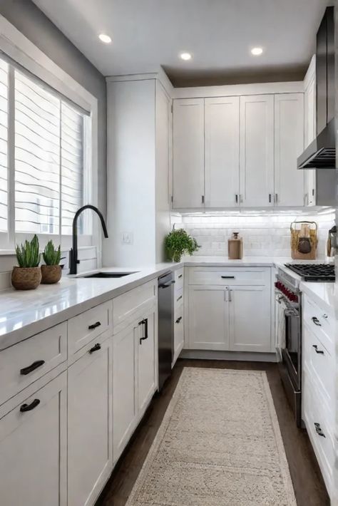 Small white kitchen with quartz countertop White Kitchen With Stainless Appliances, Small White Kitchen Ideas, White Kitchen With Quartz, Small White Kitchen, Kitchen With Quartz, Stainless Appliances Kitchen, White Kitchen Ideas, Small White Kitchens, Small Galley Kitchen