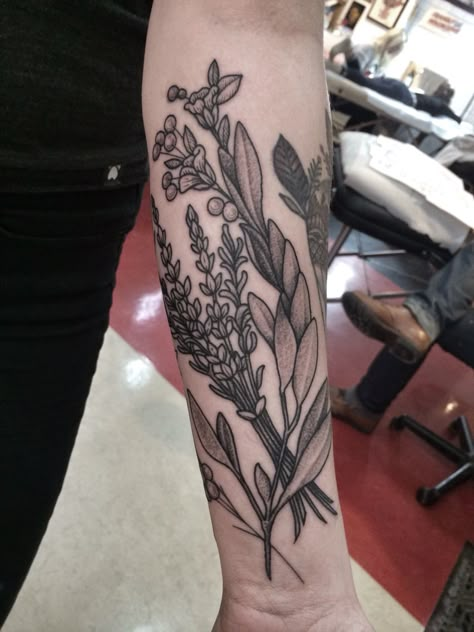 Sage and lavender dotwork woodcut tattoo by Jennifer lawes                                                                                                                                                                                 More Sage And Lavender Tattoo, Lavender Tattoo Sleeve, Lavender Sleeve Tattoo, Herbal Tattoo Sleeve, Lavender Arm Tattoo, Sage Tattoos, Woodcut Tattoo Sleeve, Herbs Tattoo, Sage Tattoo