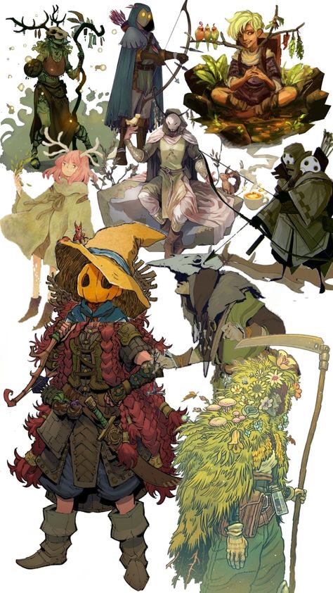 Forager Character Design, Character Design Non Human, Moss Character Design, Feywild Aesthetic Clothes, Mondstadt Clothing Style, Three Characters Pose, Woodland Character Design, Forest People Art, Bog Witch Character Design