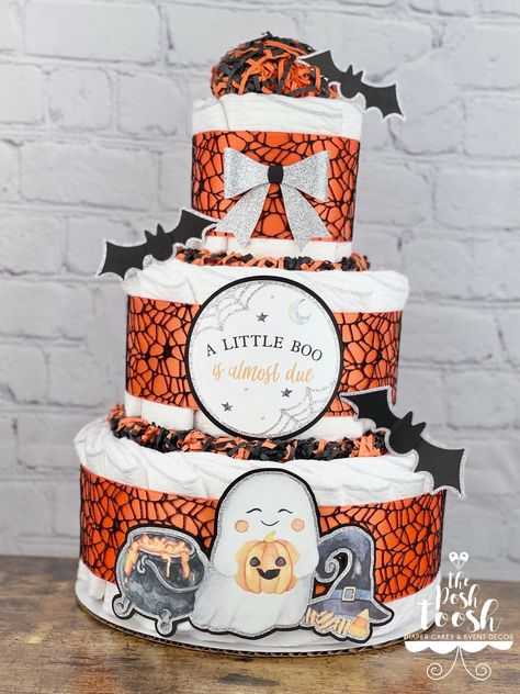 Halloween Diaper Cake, Pumpkin Diaper Cake, Cake Fall, Little Boo Is Almost Due, October Baby Showers, Cake Orange, Halloween Baby Shower Theme, Orange Baby Shower