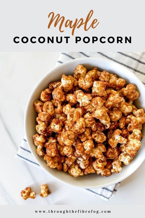 bowl of maple coconut popcorn Maple Syrup Popcorn, Low Histamine Snacks, Mcas Recipes, Coconut Popcorn, Healthy Movie Snacks, Easy Homemade Snacks, Low Histamine Foods, Tasty Cookies, Fibro Fog