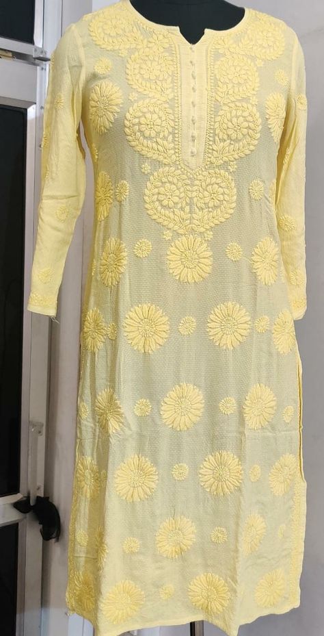 Chickenkari Kurti Designs, Lakhnavi Kurti, Lakhnow Kurti, Yellow Cotton Churidar With Chikankari Embroidery, Semi-stitched Summer Dresses With Chikankari Embroidery, Yellow Cotton Dress With Chikankari Embroidery, Yellow Cotton Fabric With Chikankari Embroidery, Yellow Semi-stitched Chikankari Embroidered Fabric, Floral Skirt Outfits