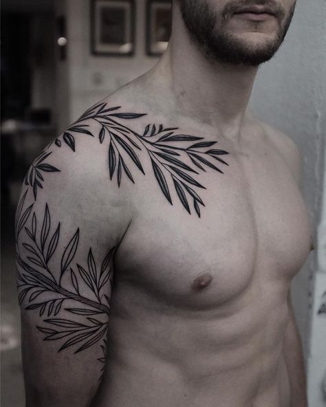 Mens Vines Tattoo, Men’s Leaf Tattoo, Mens Pec Tattoos, Plant Tattoo Sleeve Men, Men’s Vine Tattoo, Nature Arm Tattoo For Men, Foliage Tattoo Men, Vine Sleeve Tattoo Men, Leaf Vine Tattoo Shoulder