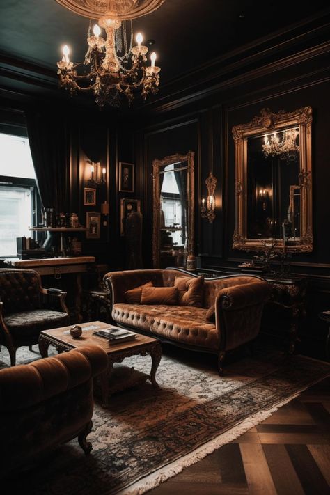 Old World aesthetic living room design concept All Black Bedroom, Goth Bedroom Ideas, Academia Bedroom, Moody Bedroom Ideas, Classic Room, Victorian Interior Design, Goth Bedroom, Gothic Interior, Victorian Interior