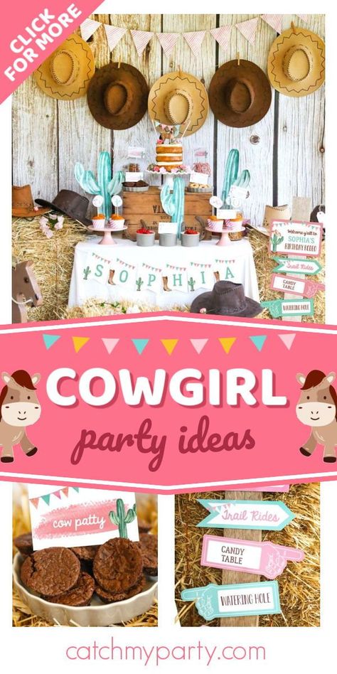 Check out this adorable cowgirl birthday party! Love the cowgirl hat garland! See more party ideas and share yours at CatchMyParty.com Cowgirl Cowboy Birthday Party, Western Horse Birthday Party, Long Live Cowgirls Birthday, Cowgirl Birthday Party Activities, Chic Cowgirl Birthday Party, Cowgirl 13th Birthday Party, Western Sweet 16 Ideas Cowgirl Birthday, Cowgirl Party Food Ideas, Cowgirl Birthday Party Food