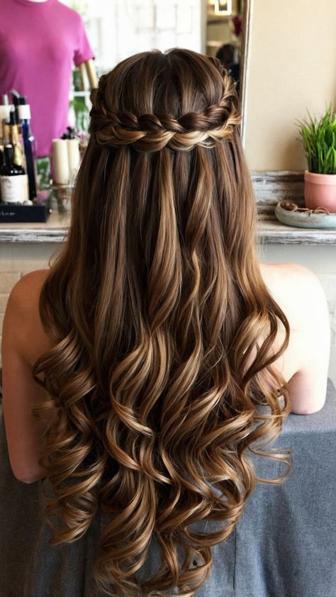 Updo Brunette, Pretty Prom Hairstyles, Prom Hairdos, Braided Half Up Half Down Hair, Junior Bridesmaid Hair, Prom Hairstyles Curly, Long Hair Ideas, Bridesmaid Hair Inspo, Curled Hairstyles For Medium Hair