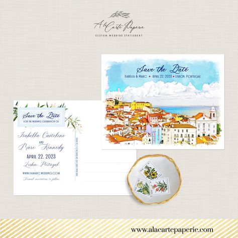 Portugal Wedding Save The Date, Portugal Save The Date, Portugal Wedding Invitations, Wedding Europe, Postcard Watercolor, Illustration Invitation, Save The Date Postcard, Custom Wedding Stationery, Portugal Wedding