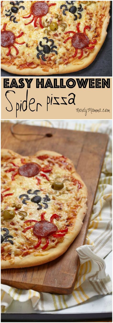 Easy Halloween Spider Pizza - Nerdy Mamma Menu Halloween, Halloween Potluck, Pasteles Halloween, Healthy Party Snacks, Halloween Pizza, Hallowen Party, Recetas Halloween, Party Snacks Easy, Allergy Awareness