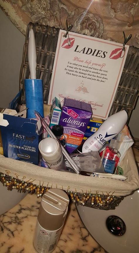 Bathroom basket, this us the ladies, I also did one for the Fellas :) Party Restroom Basket, Prom Bathroom Basket, Diy Wedding Bathroom Basket, Toiletries Basket For Guests, Work Bathroom Basket, Ladies Bathroom Basket, Wedding Restroom Basket, Bathroom Designs 2023, Wedding Restroom