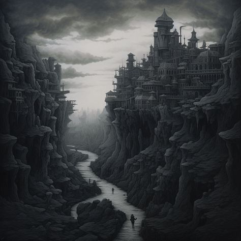 Gray dark fantasy landscape concept art; Generated with Midjourney AI. Dark Planet Concept Art, Dark Fantasy Landscape Art, Fantasy Landscape Concept Art, Dark Fantasy Landscape, Landscape Concept Art, Dark Planet, Landscape Concept, Fantasy Book, New Earth