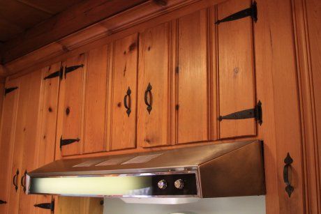 restored-knotty-pine-cabinets Inspiration for strapping hardwear Simular to relclaimed from camp Painting Wood Walls, Pine Cabinets Kitchen, Knotty Pine Kitchen Cabinets, Knotty Pine Cabinets, Knotty Pine Kitchen, Knotty Pine Paneling, Pine Kitchen Cabinets, Knotty Pine Walls, Teal Accent Walls