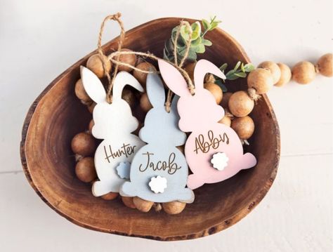 Easter Kids Gifts, Wooden Easter Basket, Tag Decor, Decorating Easter Baskets, Rustic Easter, Easter Wood Crafts, Custom Bunny, Basket Tags, Glow Forge