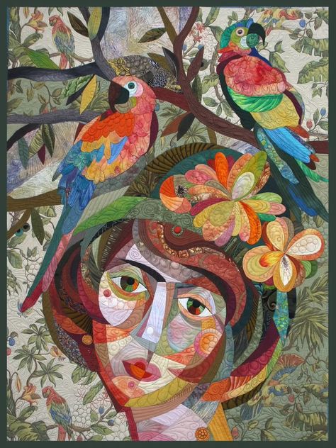 Woman and parrots textile art by Galla Grotto; Galla Grotto is a textile artist that works in a series with female figures often appearing in her work, creating original and unique textile art pieces. Solid Fabric Quilts, Textile Art Quilt, Face Collage, Patchwork Inspiration, Love Pinterest, Abstract Quilt, Applique Quilting, Art Folder, Collage Artwork