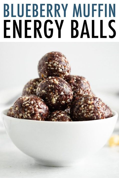 Make your own healthy, naturally sweetened blueberry muffin energy balls. They really do taste like blueberry muffins! No bake, vegan and gluten free recipe! This is the perfect healthy on-the-go snack. #blueberry #blueberrymuffin #energyballs #snack #vegan #nobake #glutenfree #eatingbirdfood Peanut Butter No Bake, Energy Ball Recipe, Snack Bites, Gluten Free Recipe, Dried Blueberries, Blueberry Muffin, Vegan And Gluten Free, Gluten Free Grains, Raw Almonds