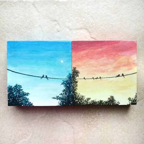 Half Canvas Paintings, Two Matching Canvas Paintings, Painting On 2 Canvases, Matching Mini Canvas Art, Day And Night Canvas Painting, Two Part Paintings, Matching Mini Canvas Paintings, Matching Canvas Paintings For Friends, Dual Canvas Painting Ideas