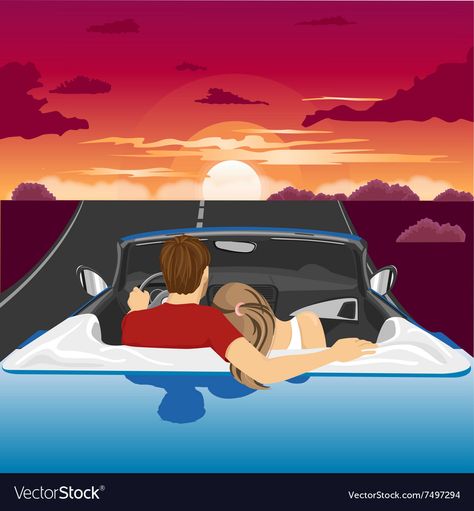 Blue Convertible Car, Couple In Car, Sunset Together, Hug Illustration, Blue Convertible, Car Animation, Bus Art, Watching The Sunset, Small Canvas Paintings