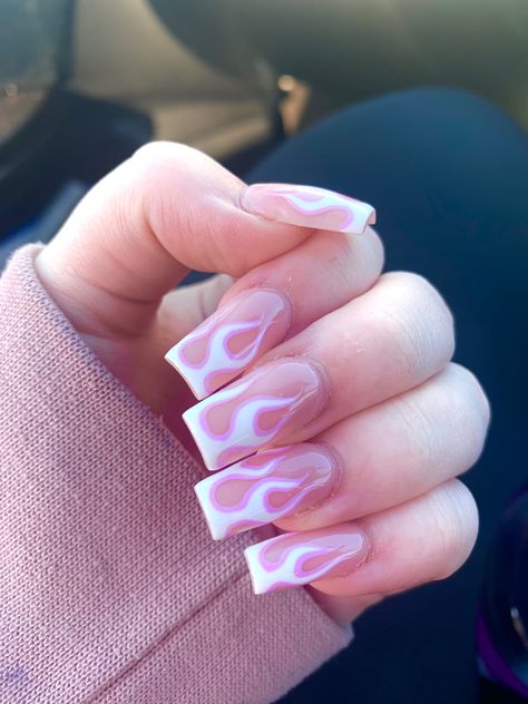 Acrylic Nail Design Flame French Nails, Pink Outline Nails, White Flame Nails, Pink Flame Nails, Outline Nails, Nails With Pink, Flame Nails, 2024 Prom, Pink Acrylic