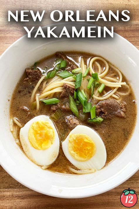 New Orleans Yakamein | 12 Tomatoes Yakamein New Orleans Easy Recipes, Yakamein New Orleans, Ramen Jars, Yakamein Recipe, Italian Noodles, Turtle Soup, Homemade Ramen, Cajun Creole Recipes, Creole Recipes